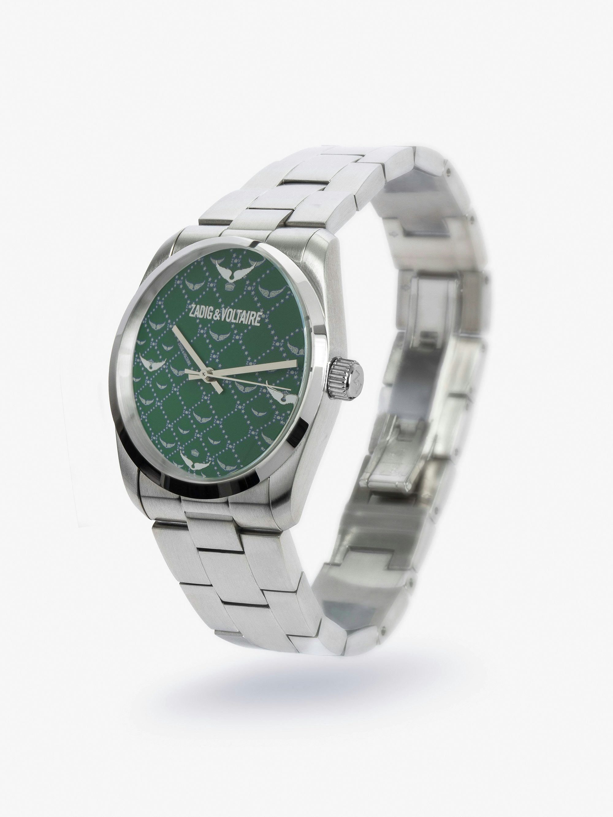 Zadig Monogram Watch - Gray stainless steel watch with green monogram pattern dial.